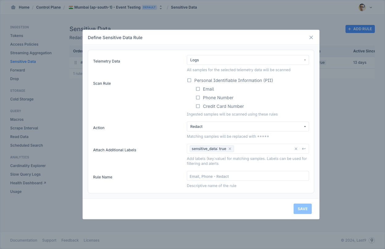 Control Plane — New Sensitive Data Rule