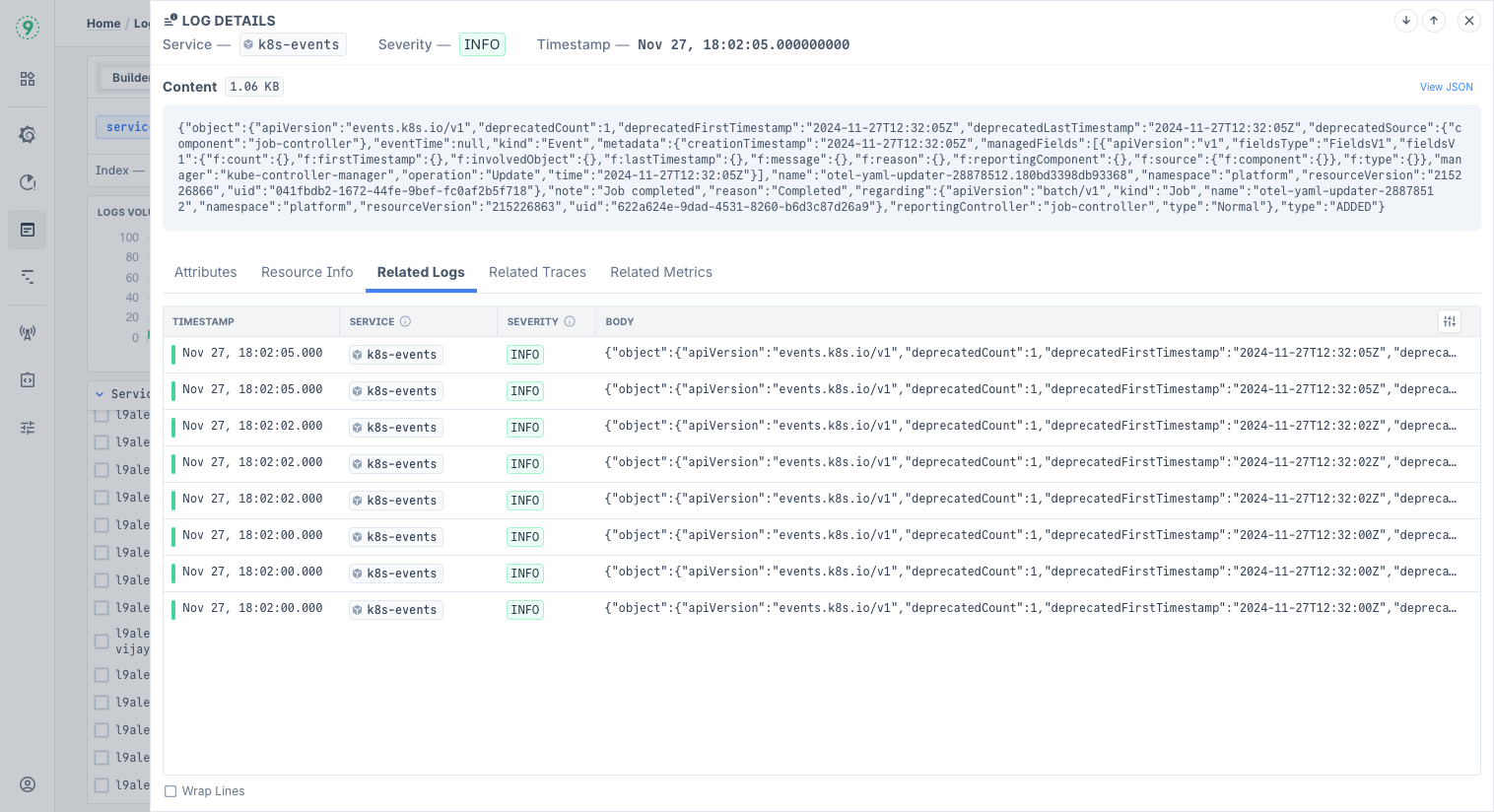 Log Details side panel with Related Logs tab