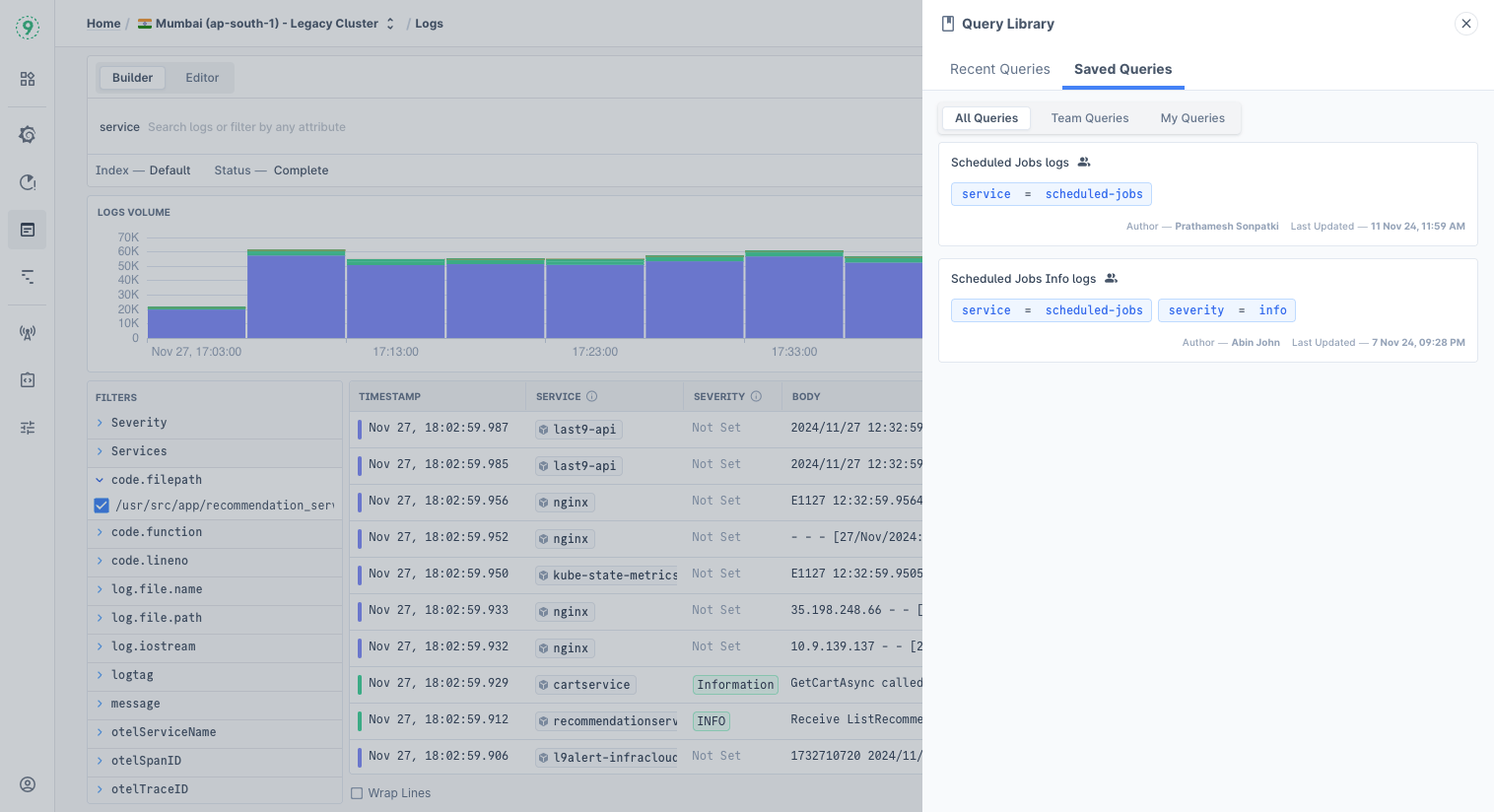 Query Library side panel with recent and saved queries