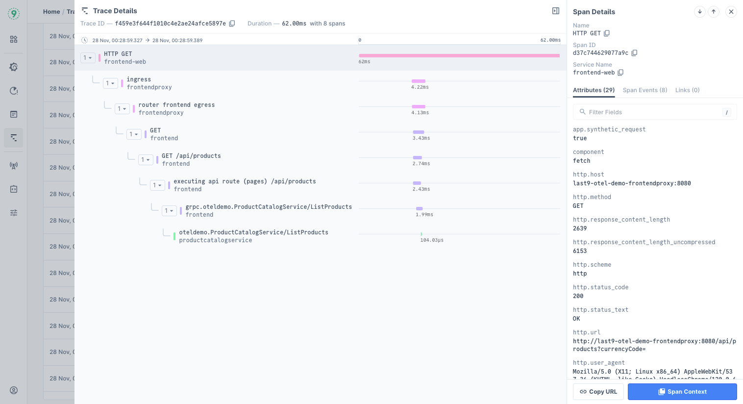 Trace Details with dependencies and waterfall timeline, and span attributes and events